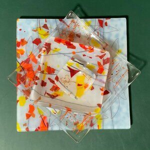 Set Of 4 Modern Fused Glass Plates - 8" Square Multicolor Abstract Decor Pattern